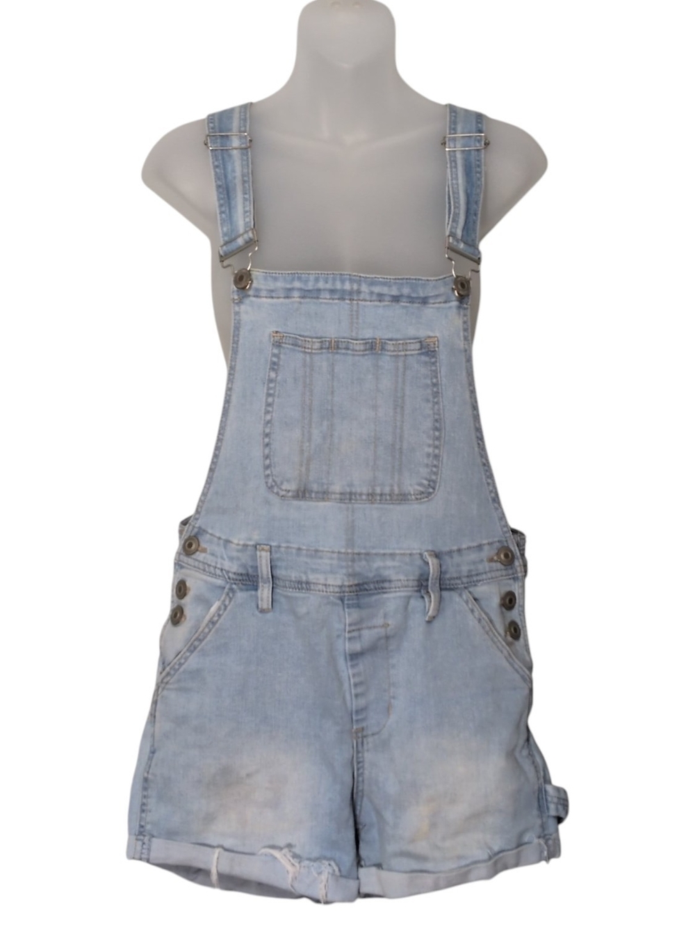 Distressed Denim Overall Shorts Size 12 Light Wash Adjustable Straps Stretch